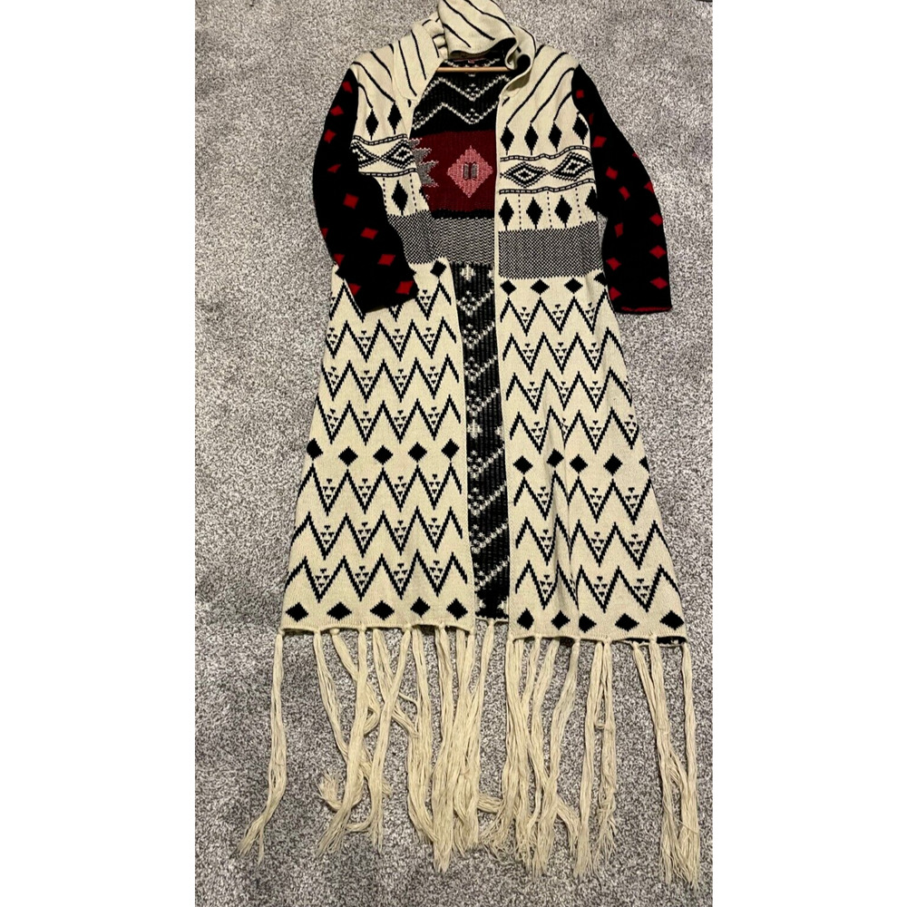 Selfie Couture Trendology Womens Cardigan Small Aztec Open Hooded Duster Fringe